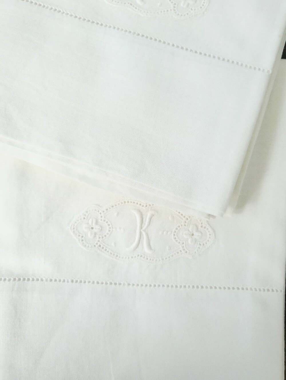 Vintage Monogram Inital "K" Ivory Linen Cotton Queen Pillowcases Set Of 2 - Picture 4 of 7